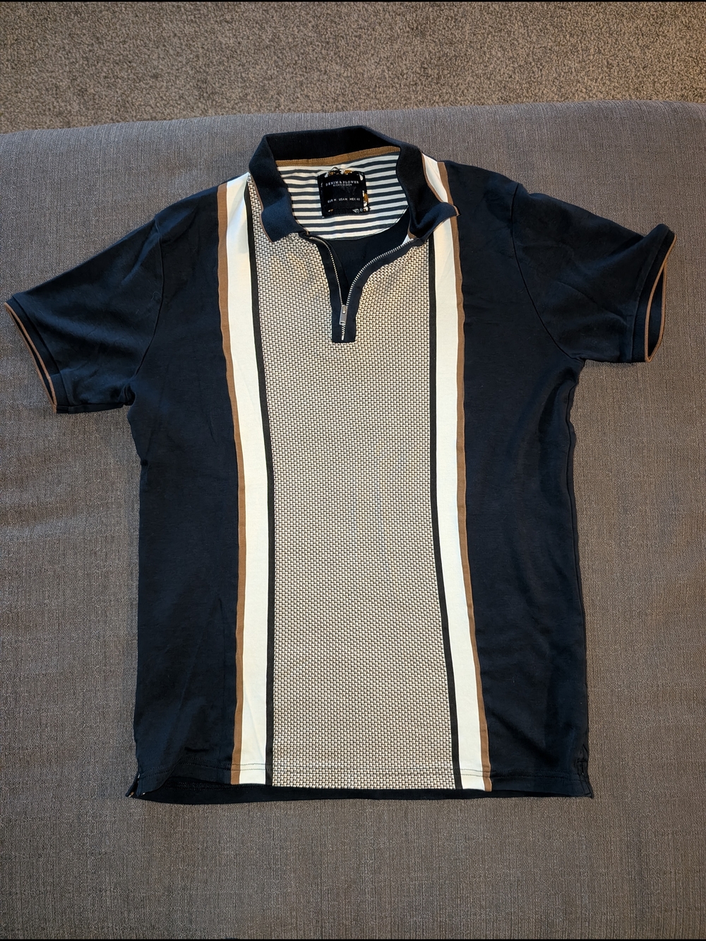 Denim & Flower Navy Zip Polo with Cream & Tan Vertical Stripes